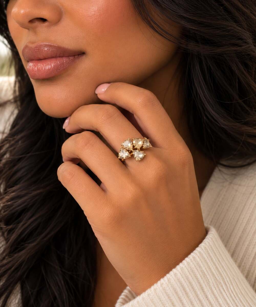 Champagne Crystal Cluster Ring Gold Tone Statement Cocktail Ring
